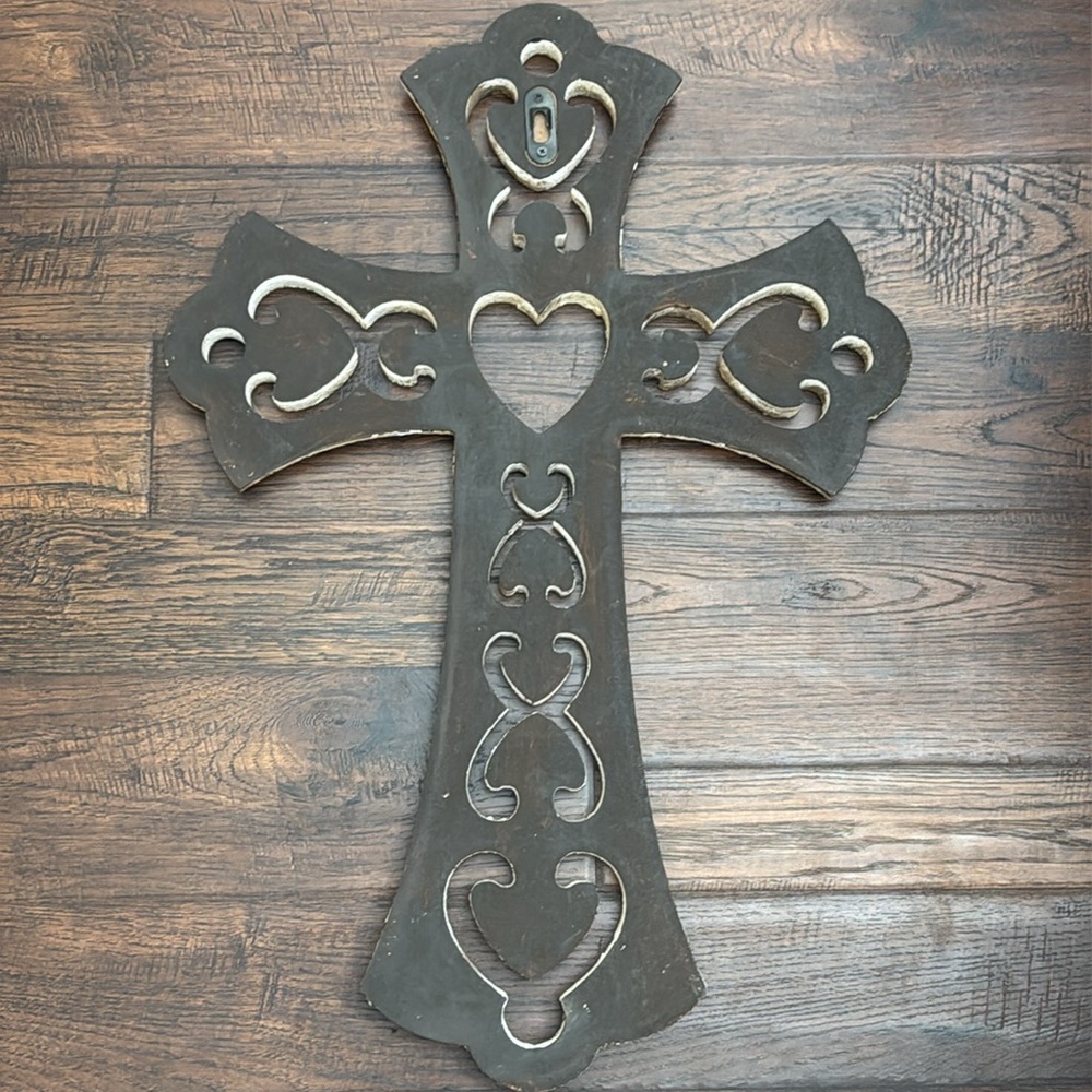 Rustic Wooden Cross with hints of cream, brown, gold and turquoise - Picture 8 of 8